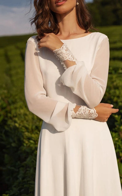 Modest A-line Long Sleeve Floor Length Train Simple Casual Chiffon Bateau V-Back Wedding Dresses
