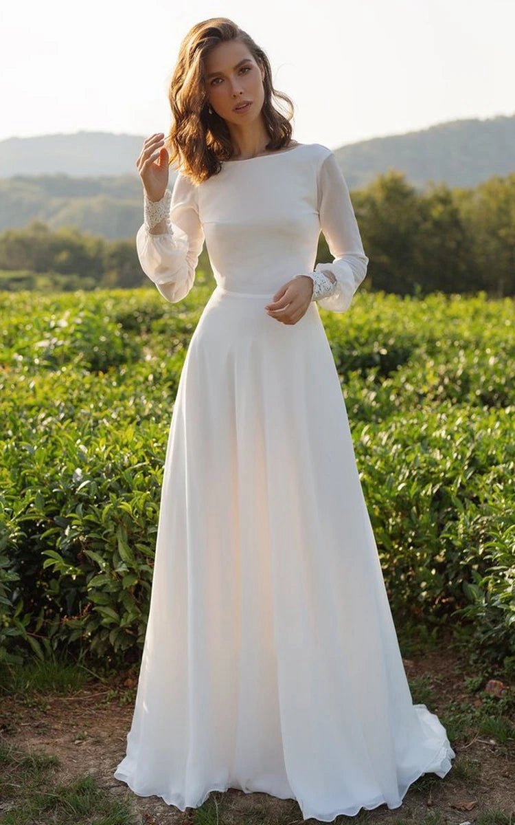 Modest A-line Long Sleeve Floor Length Train Simple Casual Chiffon Bateau V-Back Wedding Dresses