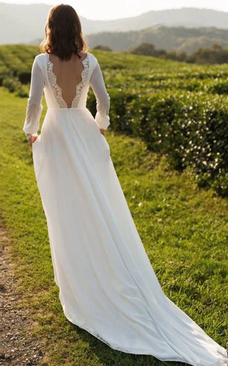 Modest A-line Long Sleeve Floor Length Train Simple Casual Chiffon Bateau V-Back Wedding Dresses