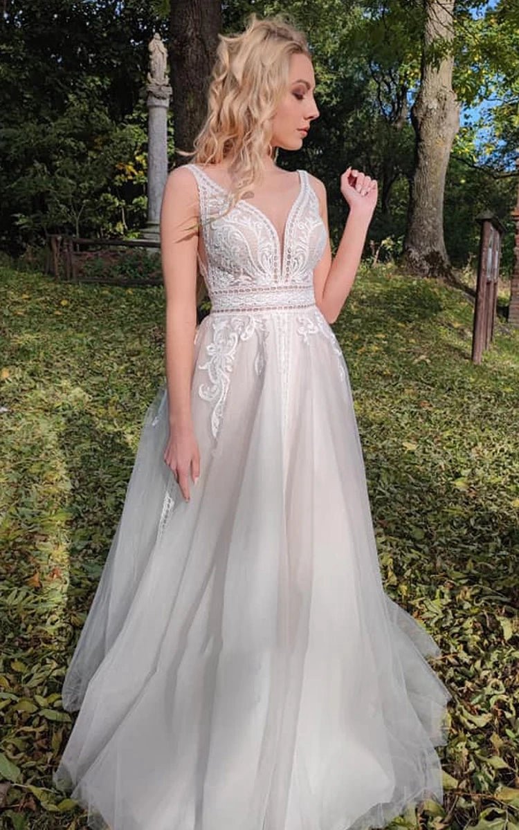 Romantic Sleeveless A-line Lace Wedding Dresses with V-neck And Low-V Back