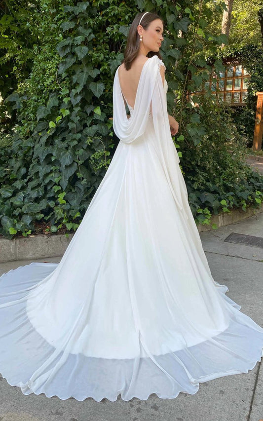 Greek Simple A-line V-neck Chiffon Court Train Wedding Dresses with Ruching