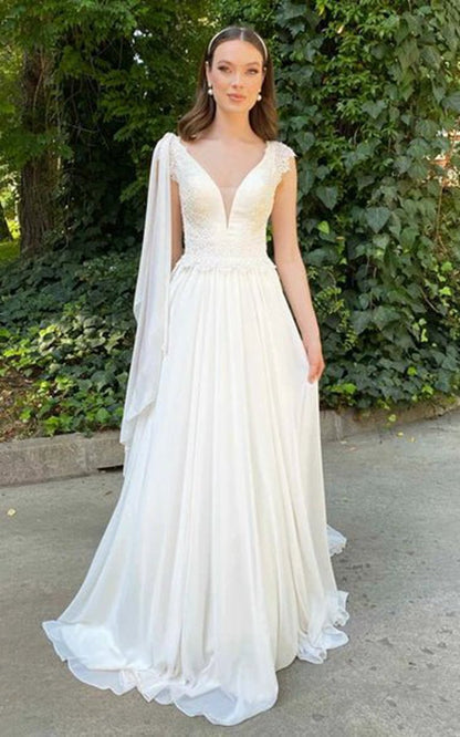 Greek Simple A-line V-neck Chiffon Court Train Wedding Dresses with Ruching