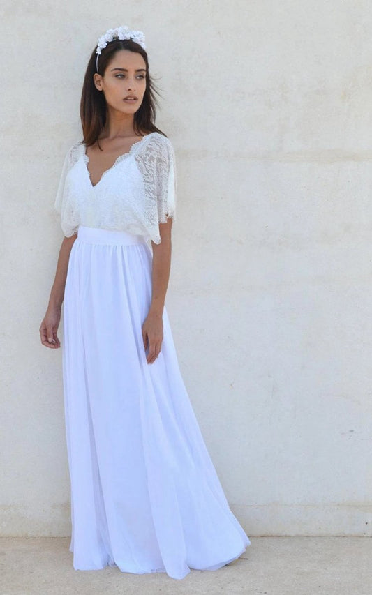 Bohemian V Neck Cleavage Lace Sleeves Wedding Dresses