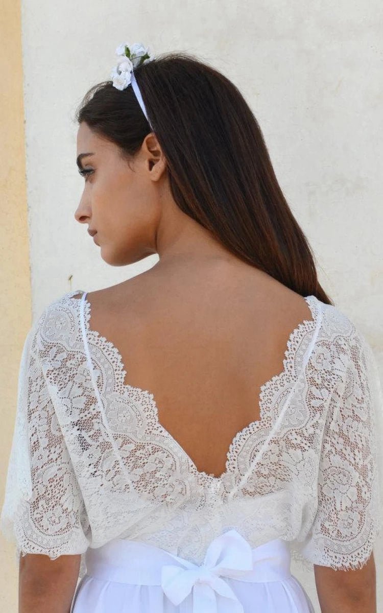 Bohemian V Neck Cleavage Lace Sleeves Wedding Dresses