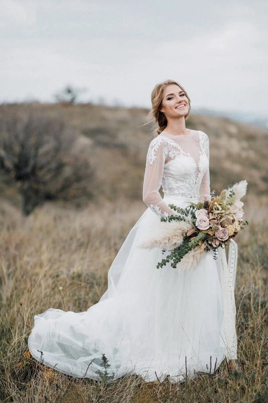 Glamorous Bohemian Illusion Sleeves Lace Two Piece Court Train Wedding Dresses