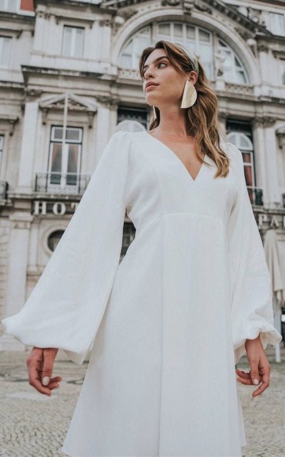 Modest A-line Long Sleeve Short Wedding Dresses with Sleeves Unique V-Neck