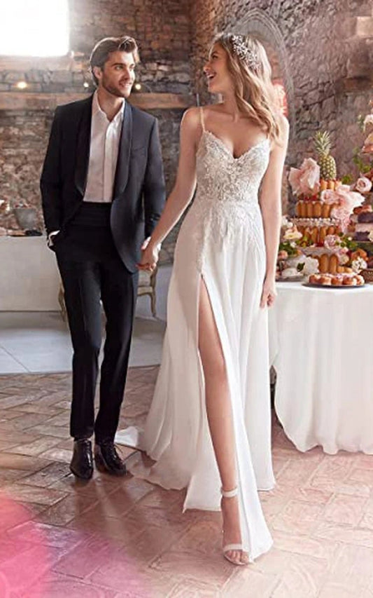 A-line Spaghetti Chiffon Wedding Dresses Simple Bohemian Elegant Summer Beach Garden with Open Back And Sleevesless And Split Front