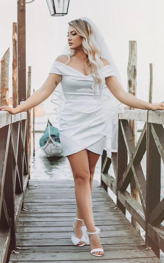 Sheath Off-the Shoulder Satin Simple Wedding Dresses Sleeveless Short Hemline