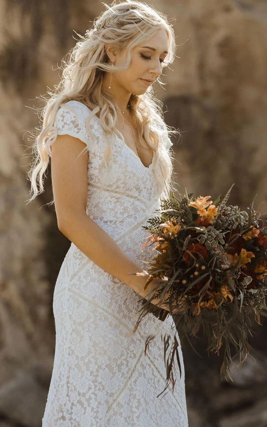 Modest Sheath Square V-neck Lace Wedding Dresses with Short Sleeve Sweep Train