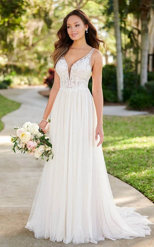 Simple Classic Tulle Applique Wedding Gown Garden A-line Backless Spaghetti Wedding Dresses