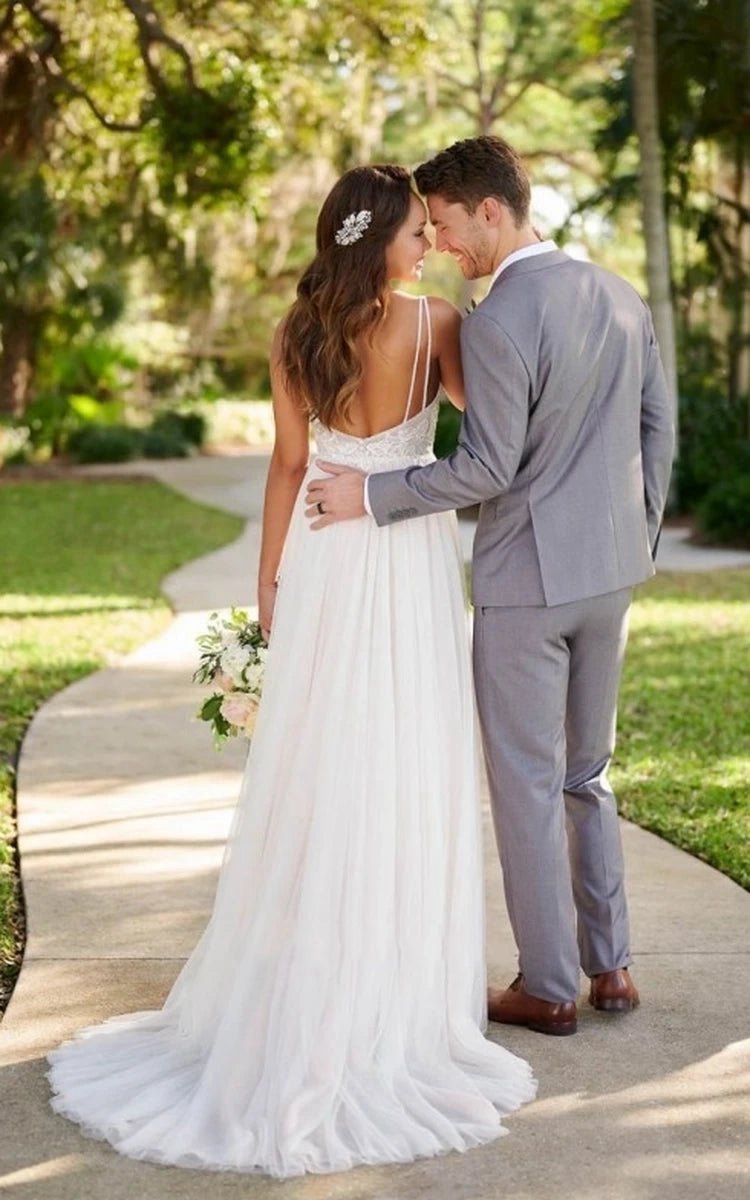 Simple Classic Tulle Applique Wedding Gown Garden A-line Backless Spaghetti Wedding Dresses