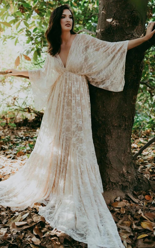 A-line Plunging Neckline Lace Wedding Dresses with Open Back