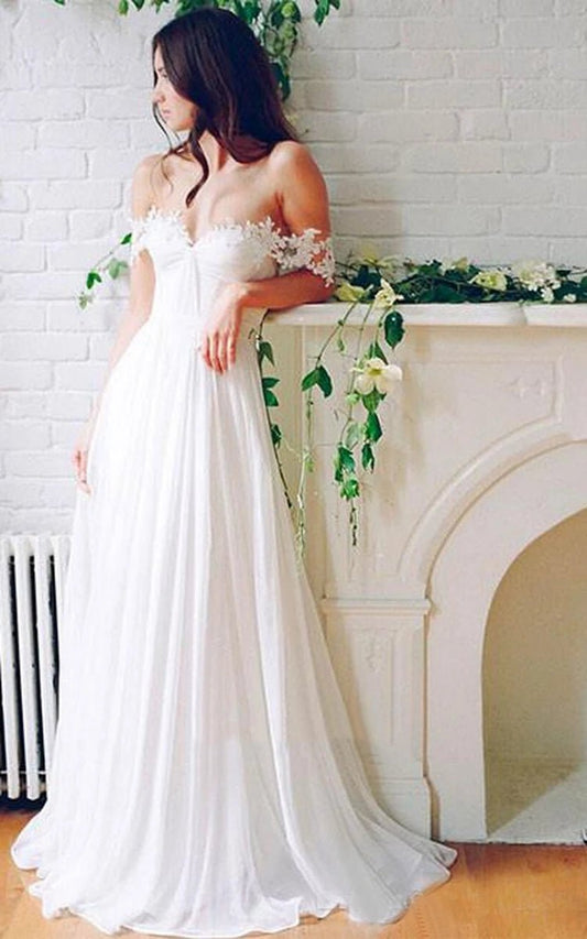 Beach Chiffon A-line Floor Length Off-Shoulder Bridal Gown with Pleats