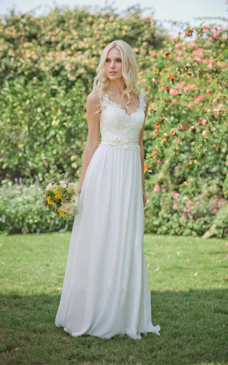Long Chiffon Lace Weddig Dresses with Beading Flower