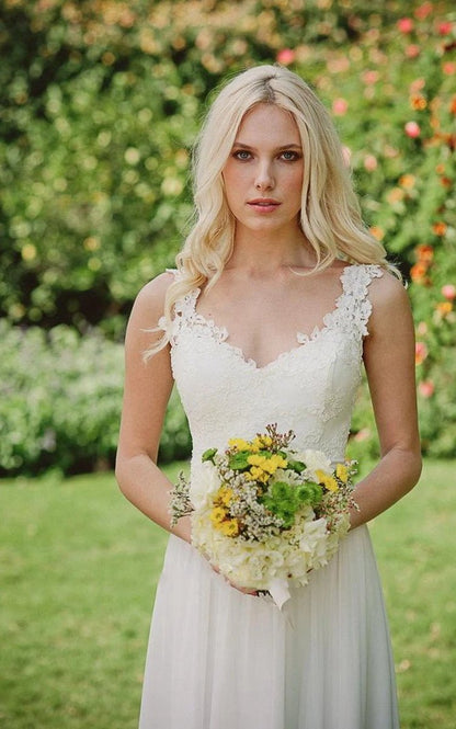 Long Chiffon Lace Weddig Dresses with Beading Flower