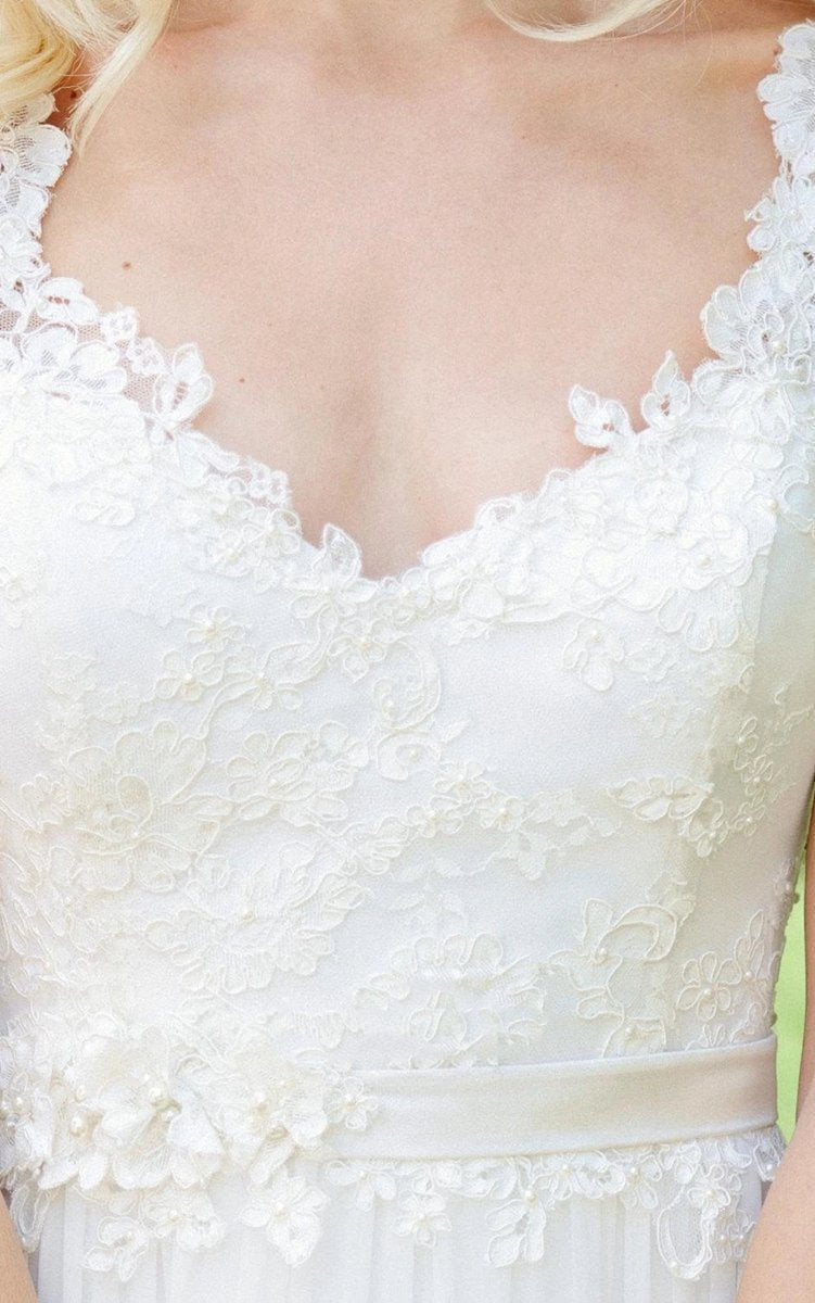 Long Chiffon Lace Weddig Dresses with Beading Flower