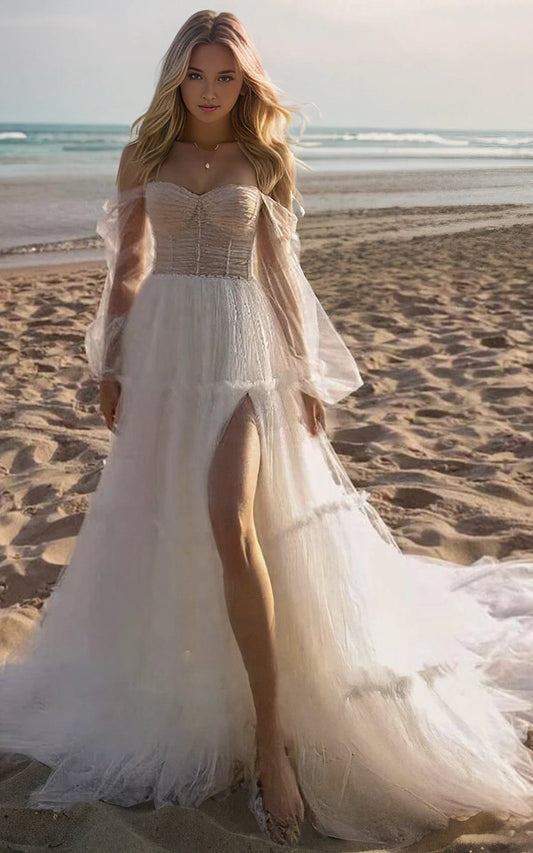 Sweetheart Neck A-line Off-the-shoulder Fluttering Tulle Pleats Long Sleeve Wedding Dresses