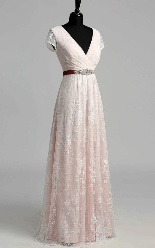 Short Sleeve V-neck Pleated Long Lace Wedding Dresses