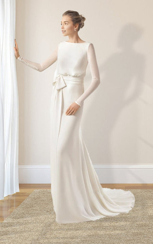 Simple Modest Chiffon Long Sleeve Wedding Dresses with Decoratived Buttons and Bow