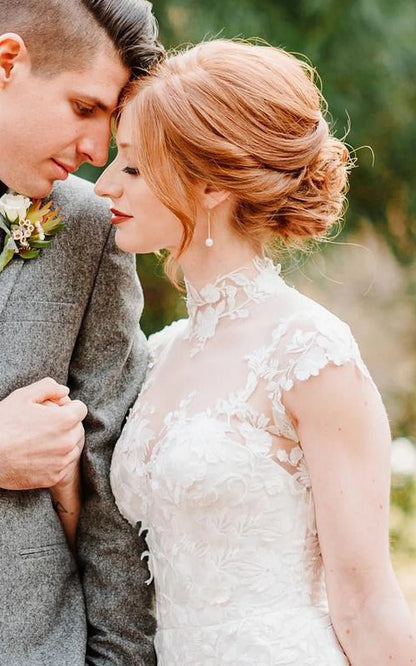 Sheath Ethereal Bell Sleeve Garden Wedding Dresses Jewel High Neck Tulle Gown for Bridal