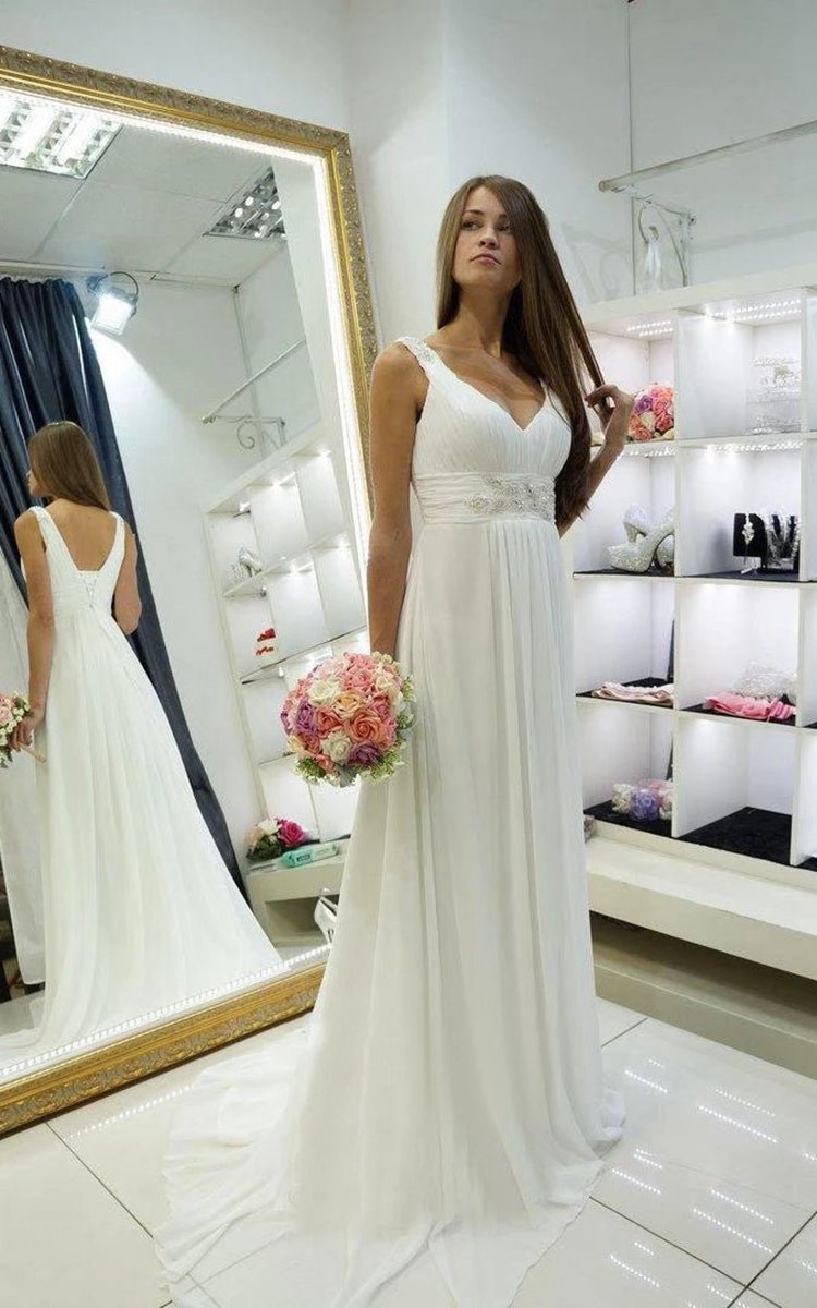 Greek Empire Strapped V-Neck Empire Chiffon Weddig Dresses