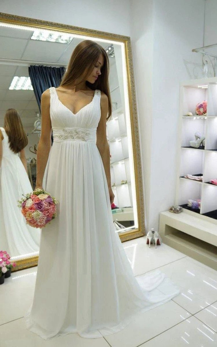 Greek Empire Strapped V-Neck Empire Chiffon Weddig Dresses