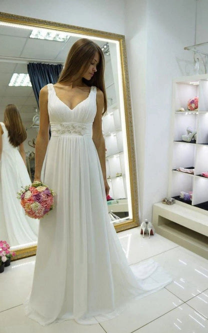 Greek Empire Strapped V-Neck Empire Chiffon Weddig Dresses