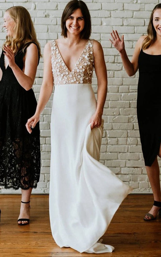 A-line Satin Simple V-neck Wedding Dresses with Low-V Back And Appliques