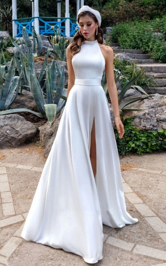 Simple Modest A-line Halter Maxi Wedding Dresses