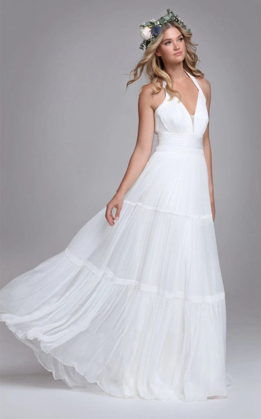 Bohemian Halter A-line Tulle Brush Train Wedding Dresses with Ruching