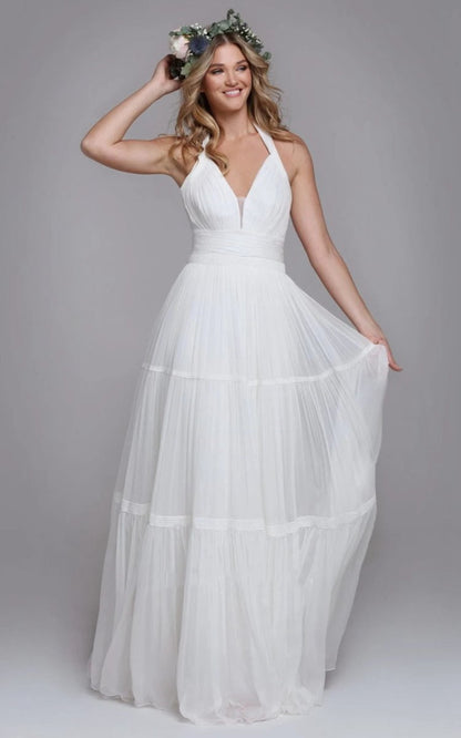 Bohemian Halter A-line Tulle Brush Train Wedding Dresses with Ruching