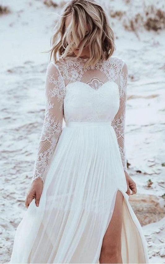 Casual Lace Bateau A-line Tulle Floor-length Wedding Dresses with Split Front and Pleats
