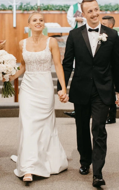 Simple Sheath Modern Upper Body Applique Sweep Train Wedding Dresses