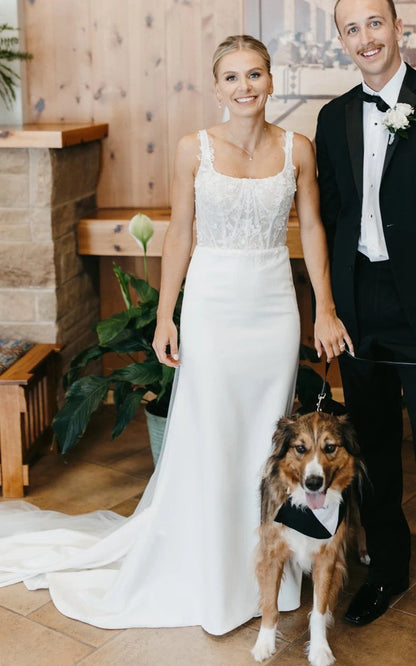 Simple Sheath Modern Upper Body Applique Sweep Train Wedding Dresses