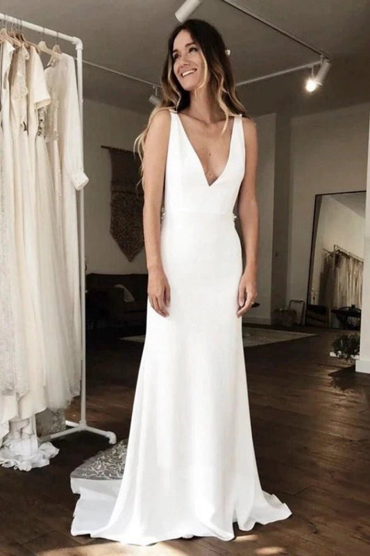 Simple Sleeveless Plunging Satin Wedding Dresses with Illusion Deep V-back And Lace