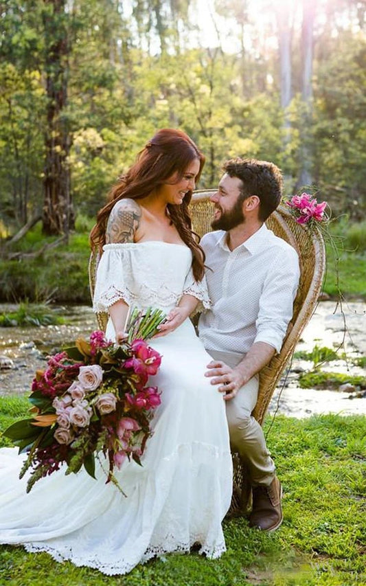 Short Sleeve Lace Boat Neck Appliques Court Train Bohemian Wedding Dresses