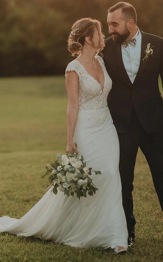 Sheath V-neck Chiffon Modern Wedding Dresses with Short Sleeve And Sweep Train