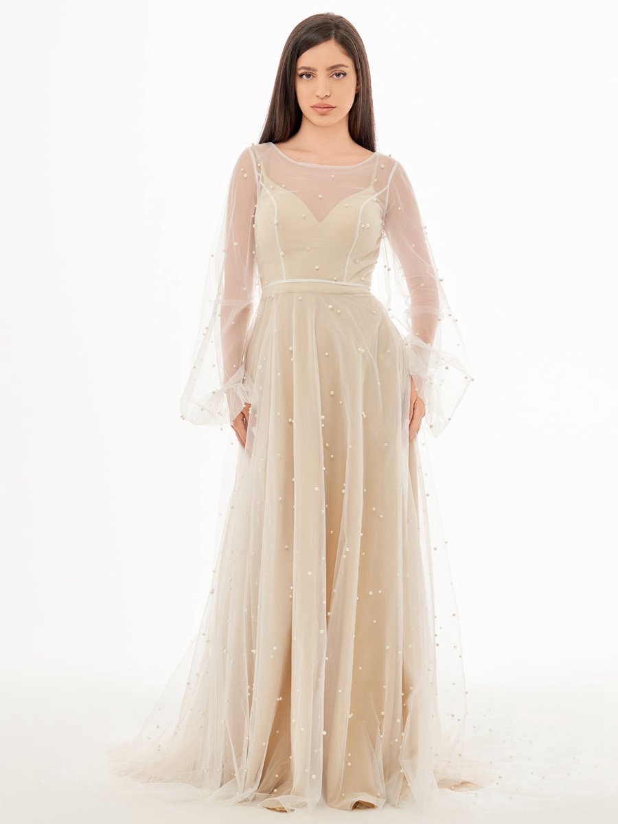 Simple Modest A-line Long Sleeve Tulle Elopement Illusion Wedding Dresses with Pearl