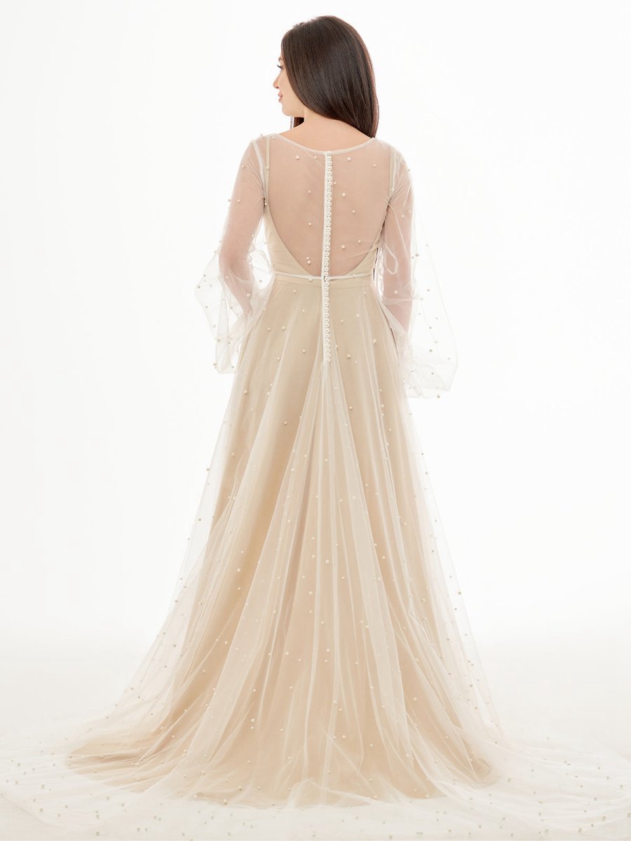 Simple Modest A-line Long Sleeve Tulle Elopement Illusion Wedding Dresses with Pearl