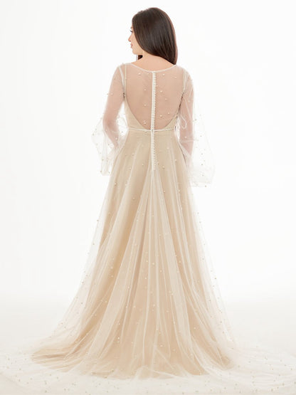 Simple Modest A-line Long Sleeve Tulle Elopement Illusion Wedding Dresses with Pearl