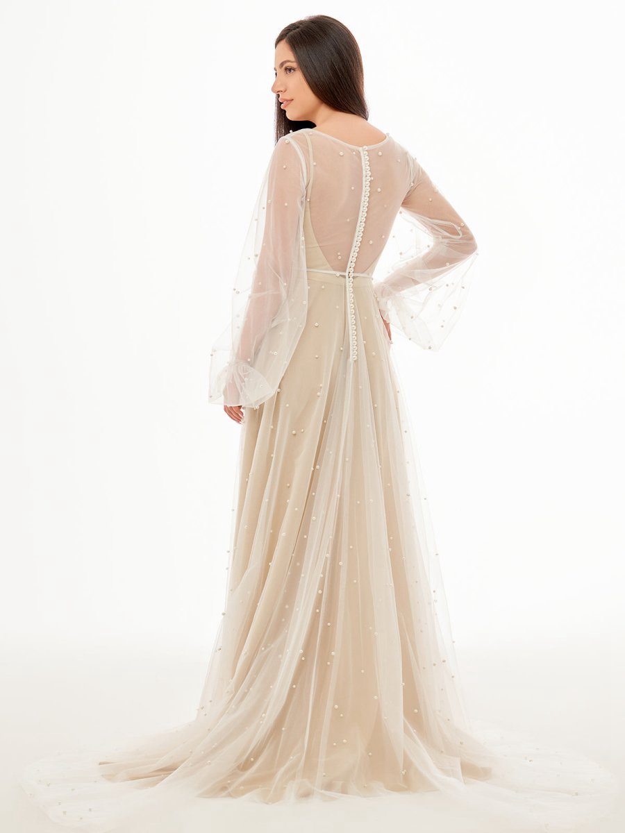 Simple Modest A-line Long Sleeve Tulle Elopement Illusion Wedding Dresses with Pearl