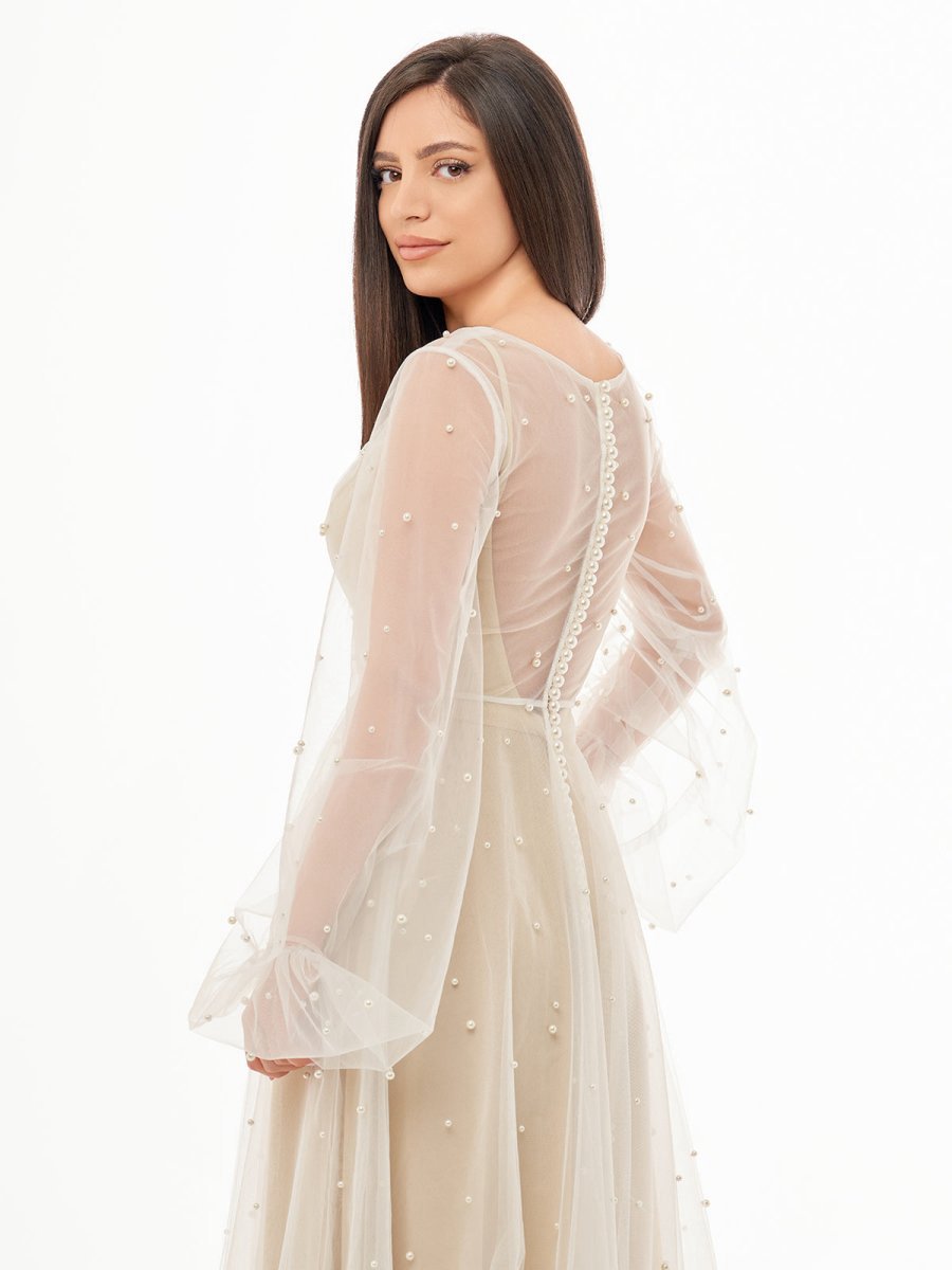 Simple Modest A-line Long Sleeve Tulle Elopement Illusion Wedding Dresses with Pearl