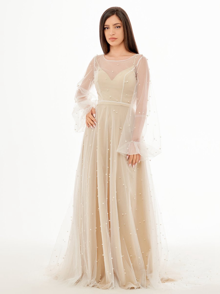 Simple Modest A-line Long Sleeve Tulle Elopement Illusion Wedding Dresses with Pearl