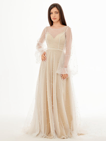 Simple Modest A-line Long Sleeve Tulle Elopement Illusion Wedding Dresses with Pearl