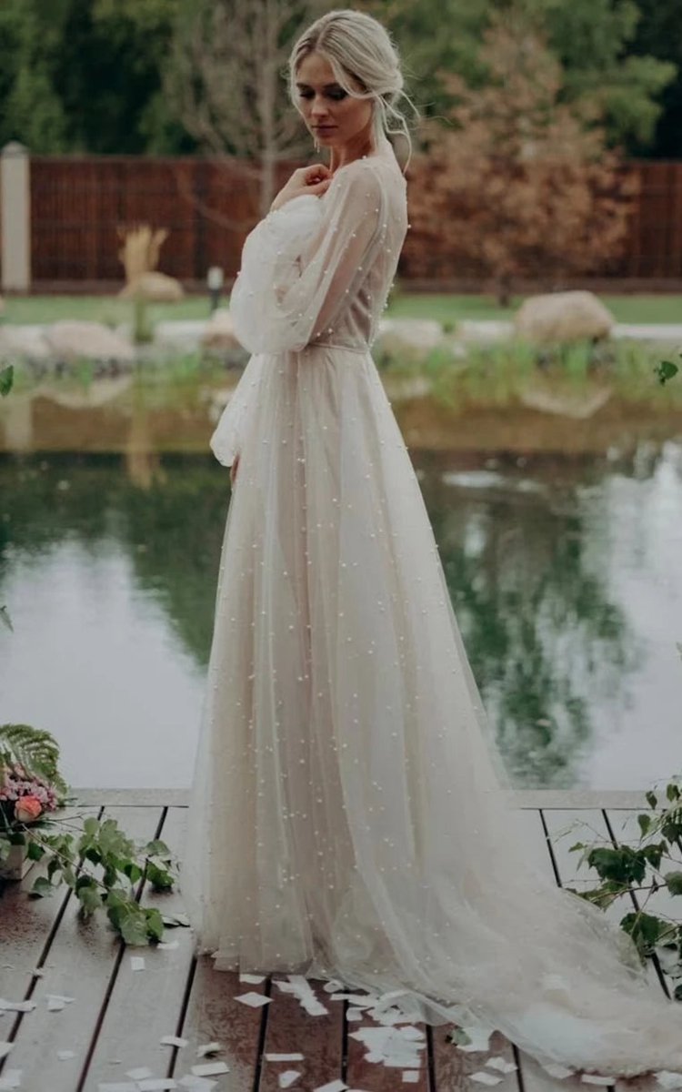 Simple Modest A-line Long Sleeve Tulle Elopement Illusion Wedding Dresses with Pearl