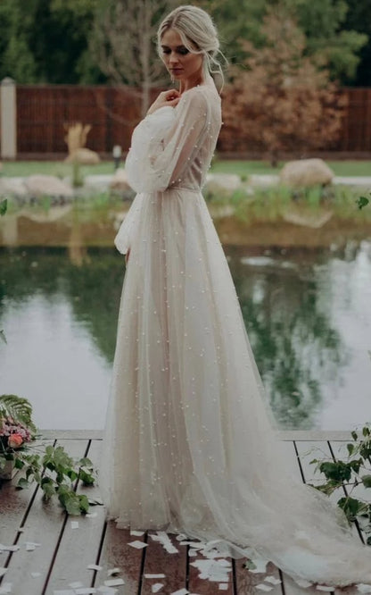 Simple Modest A-line Long Sleeve Tulle Elopement Illusion Wedding Dresses with Pearl