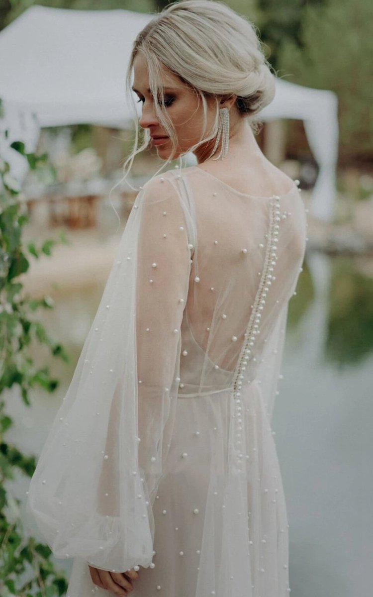Simple Modest A-line Long Sleeve Tulle Elopement Illusion Wedding Dresses with Pearl