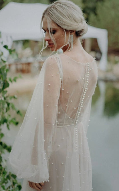 Simple Modest A-line Long Sleeve Tulle Elopement Illusion Wedding Dresses with Pearl