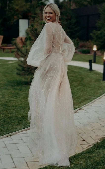 Simple Modest A-line Long Sleeve Tulle Elopement Illusion Wedding Dresses with Pearl