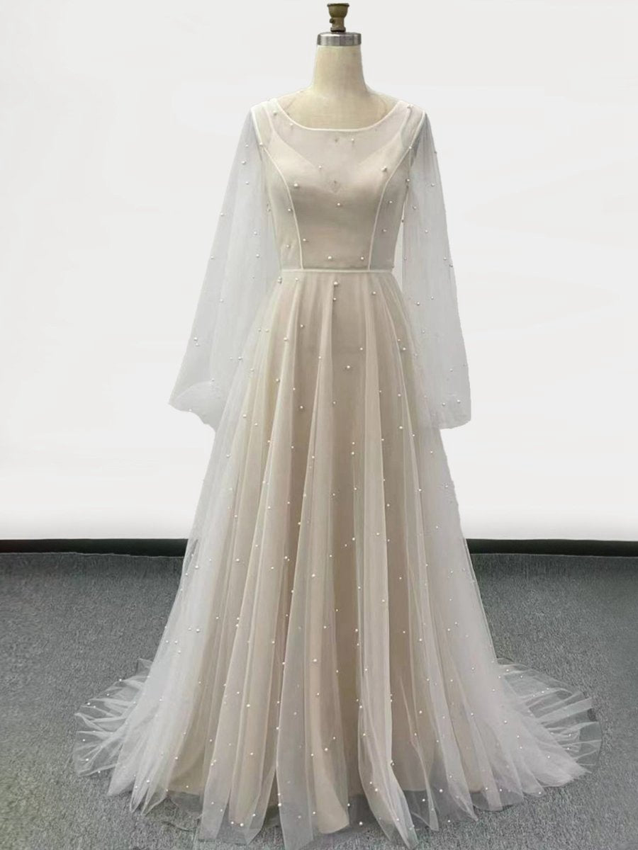 Simple Modest A-line Long Sleeve Tulle Elopement Illusion Wedding Dresses with Pearl